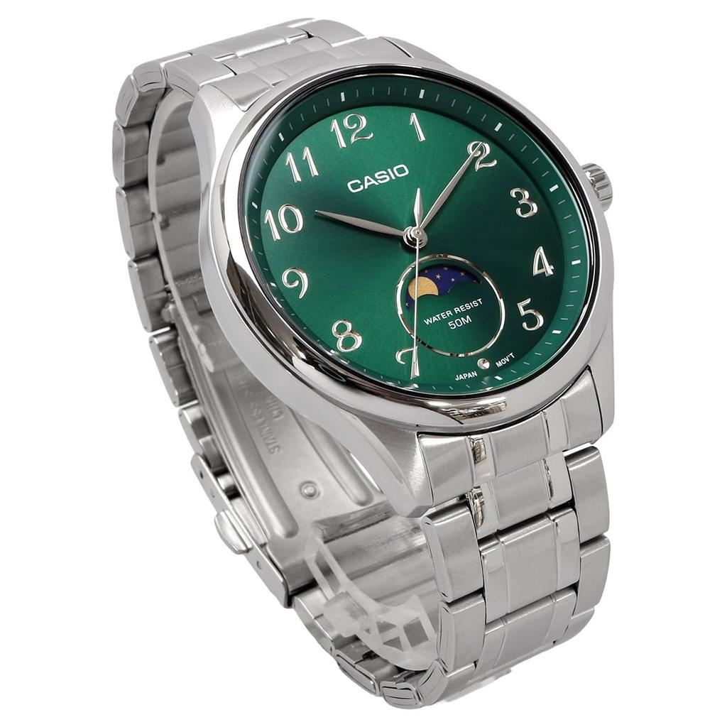 CASIO Standard Moon Phase Analog Watch Round Face Metal Band Green Overseas Model Men's MTP-M110D-3AV