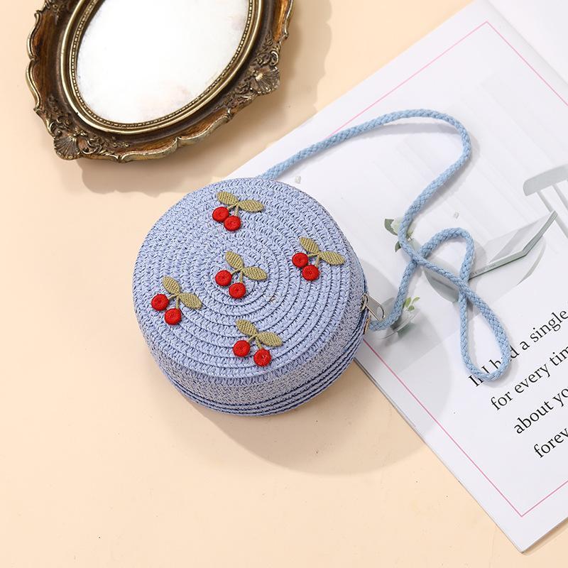 Girls Foldable Straw Crossbody Bag Cute Red Cherry Print Lightweight Woven Purse for Kids Summer Holiday