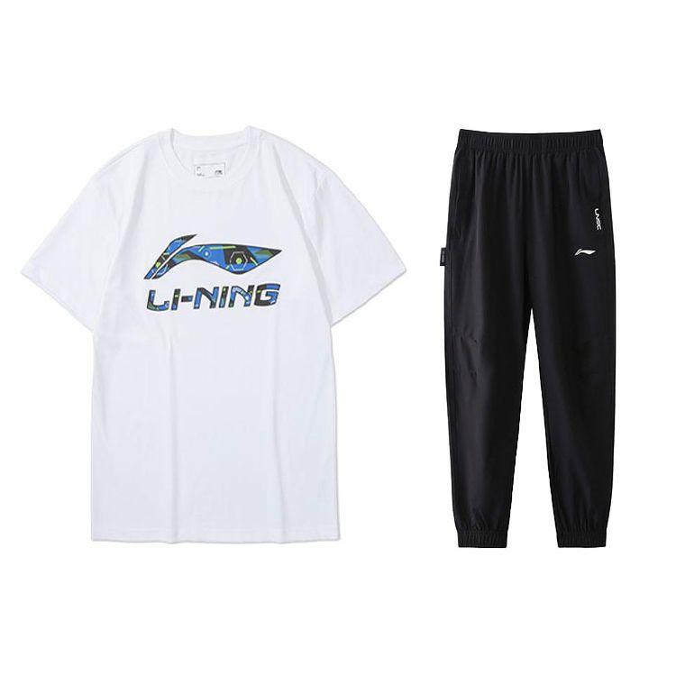 Li-Ning Свободный дышащий свитер с круглым вырезом и логотипом, футболка с коротким рукавом, однотонный повседневный спортивный костюм с манжетами, мужские топы AHSSE01-1+AYKS785-1