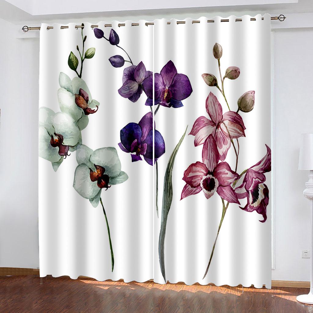 2Panels Garden Plant Orchid Curtains for Bedroom Living Room Kitchen Home Window Blinds Treatments Curtains Grommet Top Cortina