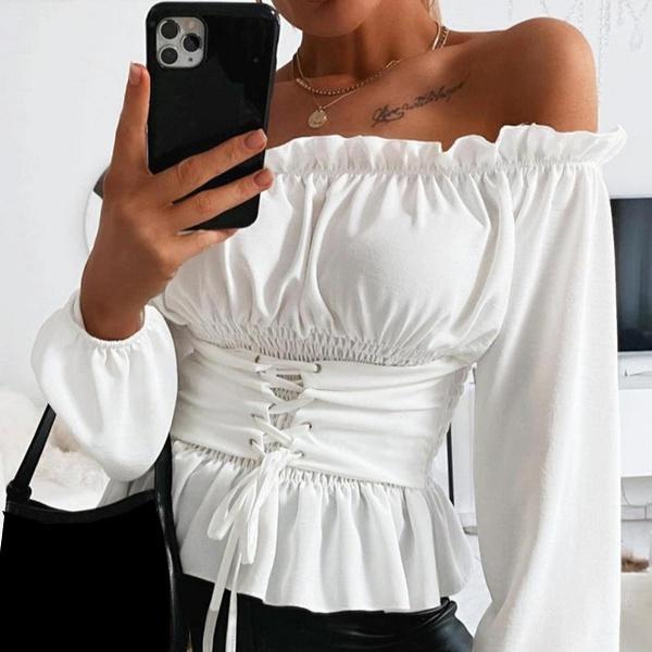 Новая Мода Женская Весенняя Рубашка С Рюшами Кружевной Воротник Вырез Талия Ремешок Шифоновая Блузка С Открытыми Плечами Длинный Пышный Рукав Сладкие Топы Большого Размера