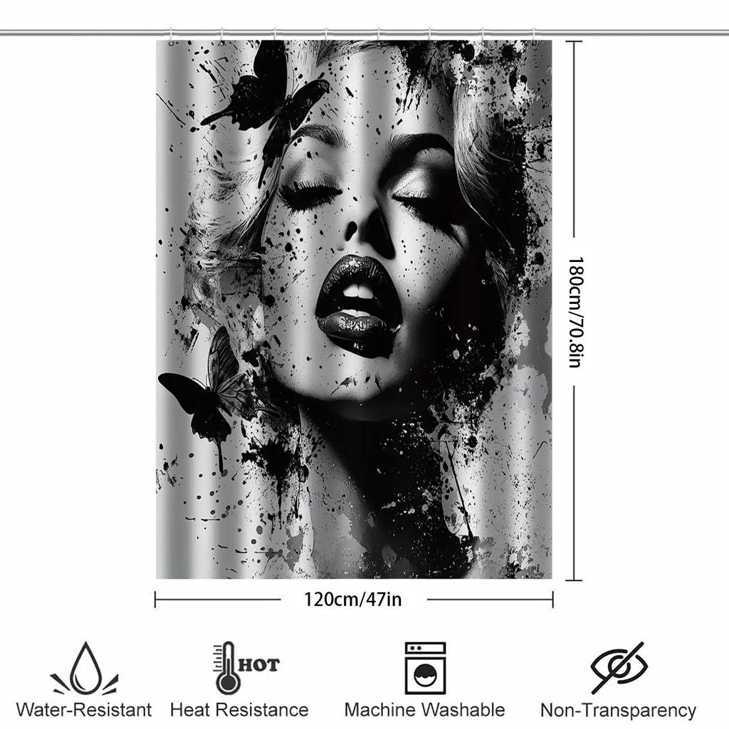 Artistic Female Portrait Shower Curtain Black Ink Splatter Butterflies Bold Design Bathroom Decor 3D Print Waterproof Bath