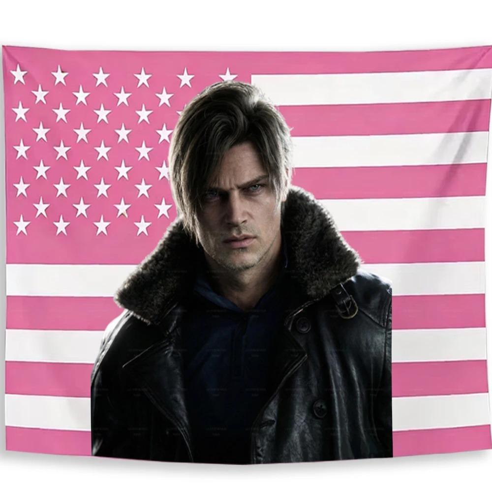 LLeon KKennedy Pink USA Flag Tapestry Game Character Wall Hanging for Bedroom Dorm Decor