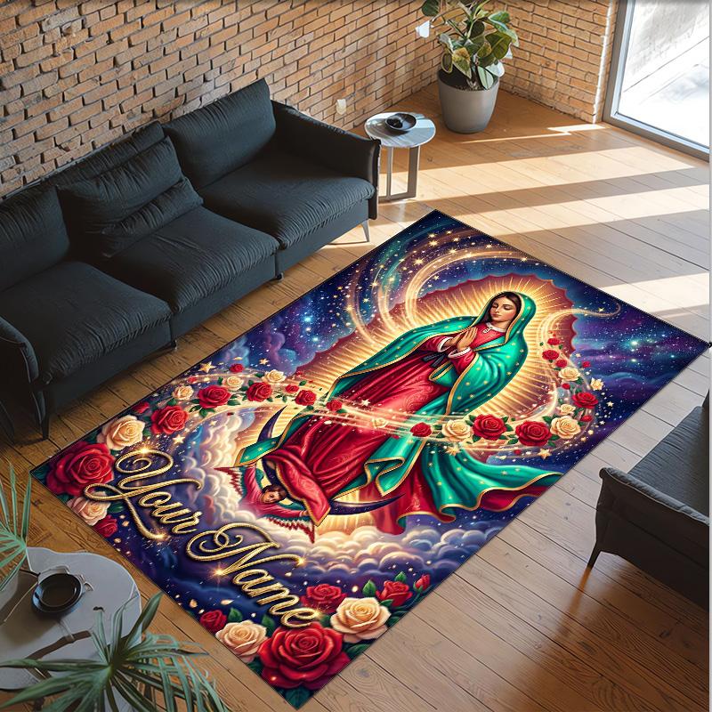 Virgin Mary Theme Crystal Velvet Rug Personalized Custom Name Text Soft Floor Mat Home Decor