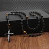 Cool Black Lava Stone Yellow Tiger-eye Beads Cross Pendant Necklace for Men Rosary Jewelry