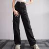 Women Cargo Pants Mid-rise Button Zipper Waist Casual Trousers with Multi Pockets Straight