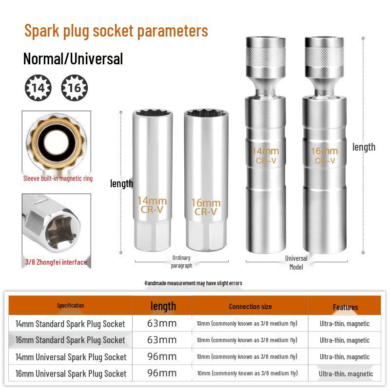 3/8" Medium Fly Spark Plug Socket | 14mm & 16mm Ultra-Thin Magnetic Removal Tool