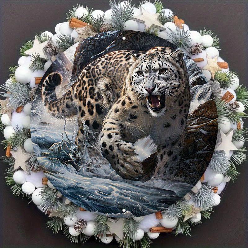 Round Wooden Snow Leopard Art Sign, Waterproof HD Print, Pre-Drilled Wooden Wall Decor, Decorative Wall Poster, 8in, 11.8in, 1PC