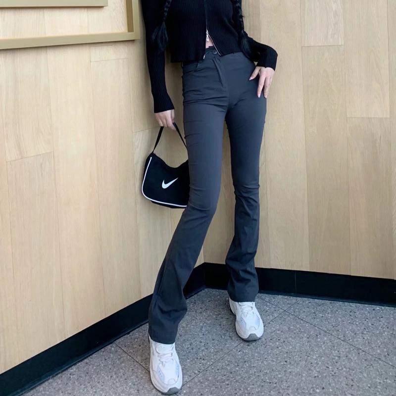 Women Tight Flares Pants Flared Slacks Dark Black High-waist Suit Slacks Trousers Casual Pants