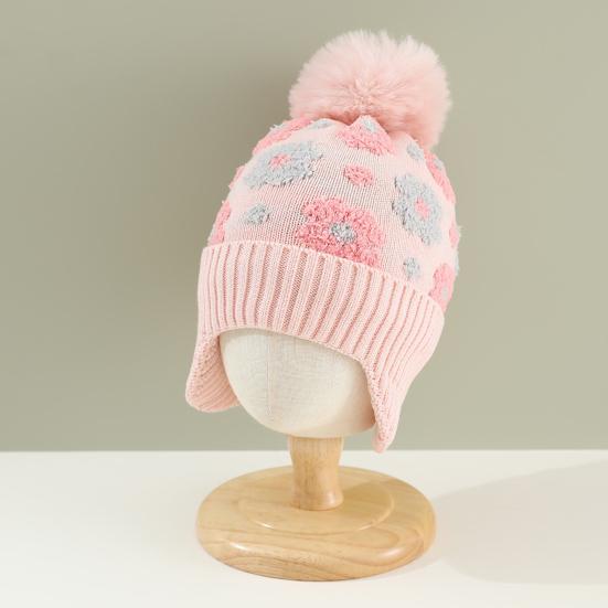 Детская шерстяная шапка с меховым помпоном, украшениями в виде маленьких цветочков, защитой ушей, утолщенной плюшевой подкладкой, вязаная шапка
