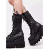 Мода 2025 Осень Ботинки до середины икры на платформе Каблуки 9,5 см Женские Зимние Кожаные Панк Обувь Массивные Мотоботы Женские