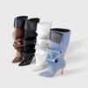 2025 Willow Studded Buckle Splicing Cowboy Pleated Boots Women Spice Girls Fashion Ladies Slim Heel Sexy Versatile Women's Shoes