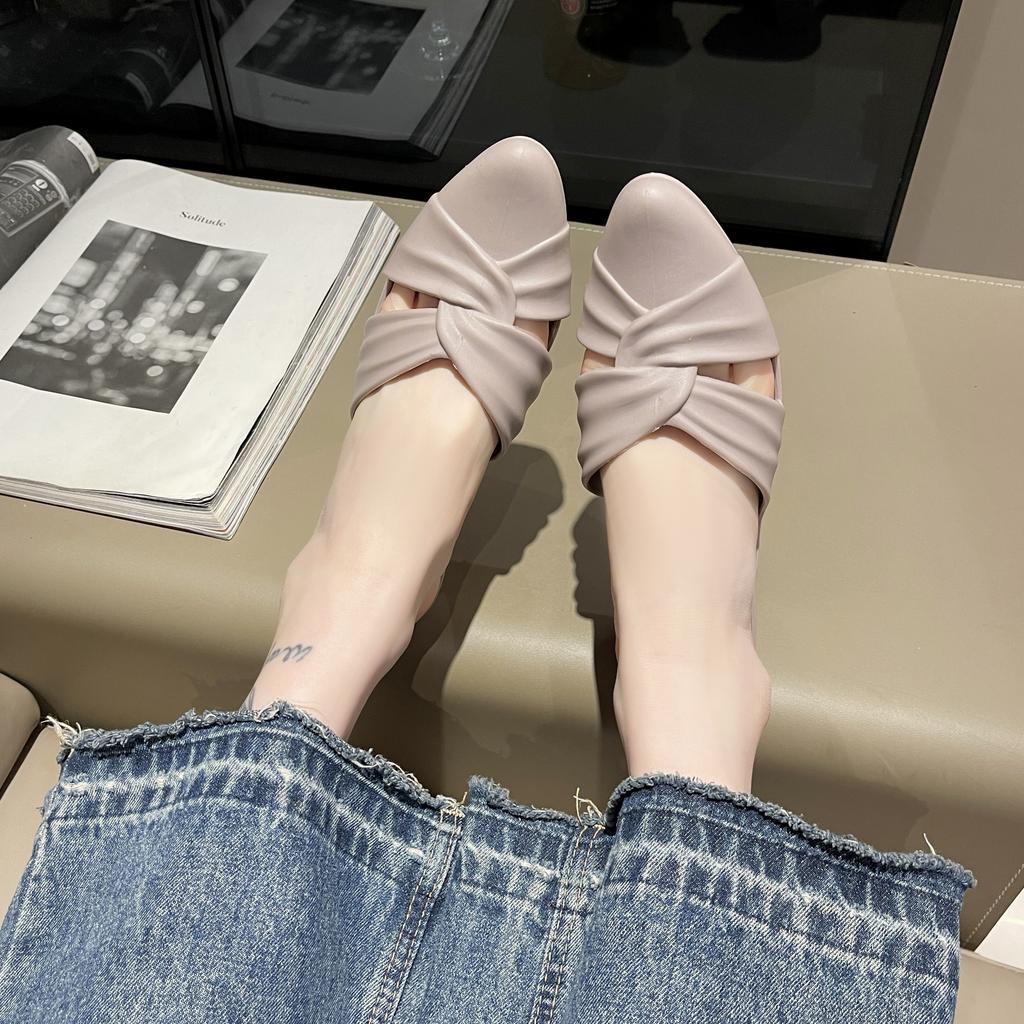 Женские новые летние модные однотонные туфли из ПВХ с острым носком и толстым каблуком, женские сандалии на низком каблуке