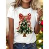 Christmas Tree Printed Women's T-shirt Summer Round Neck Christmas Party Fashion Short Sleeve 3D Bow Red/Green