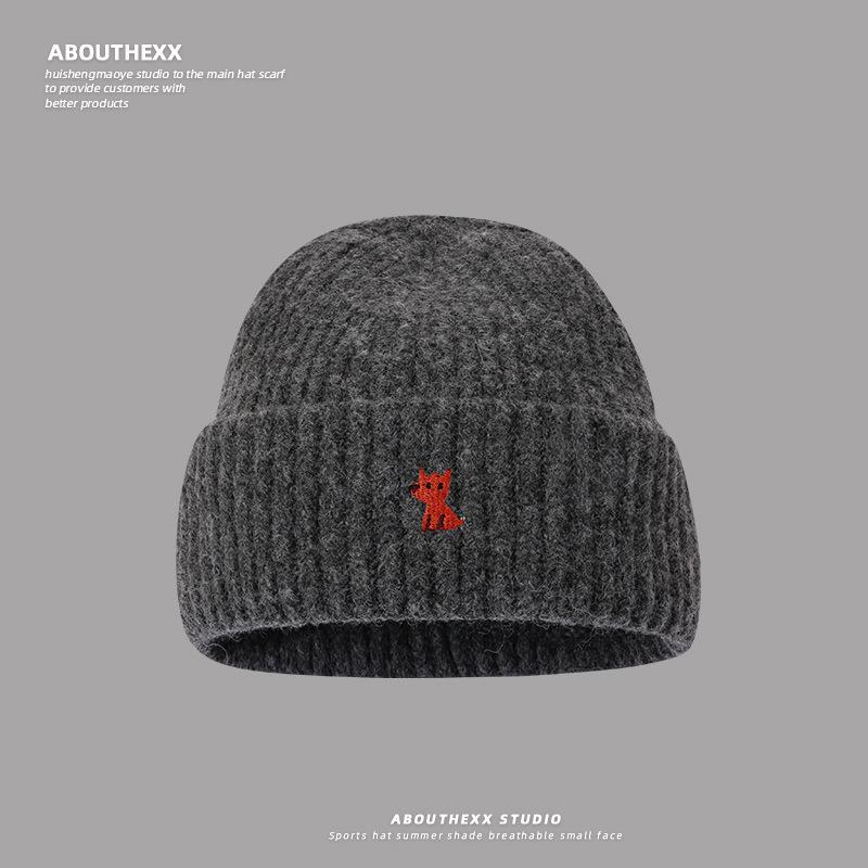 Autumn and Winter Warm Knitted Hats for Men and Women Korean Style Small Fox Embroidered Loose Big Head Circumference Woolen Hat Ins Trend