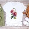 (Asian Size) Flower Watercolor Lovely Women Print Tee Top Clothing Casual Short Sleeve Lady Fashion Tshirt Female Graphic T-shirt