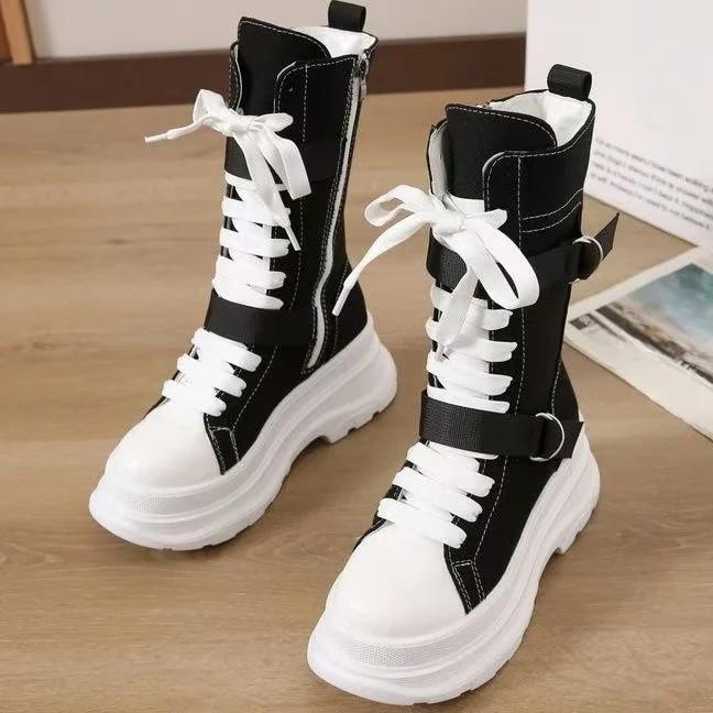 Весенние и осенние высокие кеды женская обувь парусиновые повседневные туфли с высоким верхом длинные ботинки со шнуровкой и молнией удобные ботинки на плоской подошве
