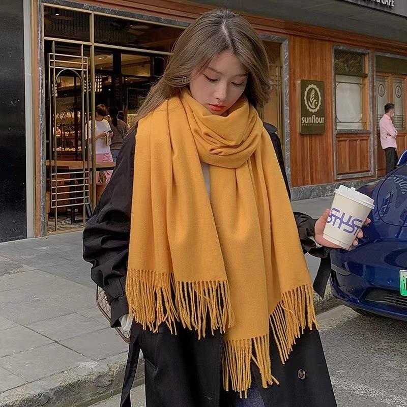 Winter Scarf Women Luxury Autumn Winter Cashmere Scarf Thickened Warm Shawl Classic Tassels Fluffy Scarf Solid Color Soft Shawl