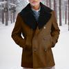 Men Woolen Coat Lapel Long Sleeve Double-Breasted Jacket Coat with Plush Edges Solid Color Pockets Winter Overcoat