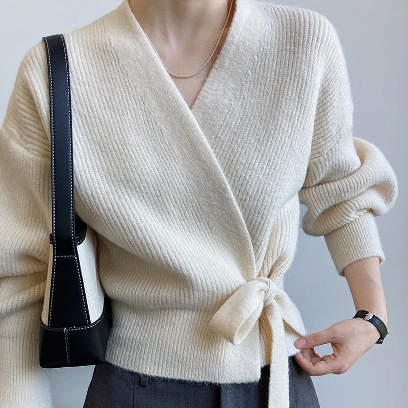 Усовершенствованный свитер, трикотаж, женский вязаный кардиган, осень-зима, галстук с v-образным вырезом, милые короткие вязаные топы с длинными рукавами