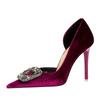 Fashion Women Super High Heels Velvet Pumps Shallow Mouth Pointed Toe Side Hollow Mental Rhinestone Crystal Buckle  Purple Shoes