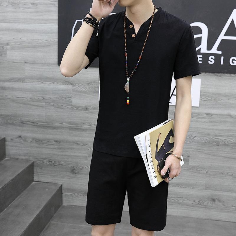 Мужской льняной костюм в китайском стиле с короткими рукавами в стиле Тан и комплект из двух предметов в стиле ханьфу в стиле Чжуншань-дзен