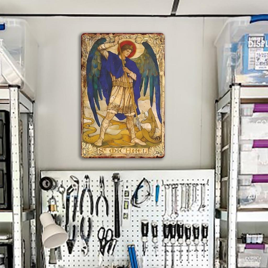 Винтажная алюминиевая табличка Архангел Михаил, Портретная ориентация, Прочный металлический настенный декор для дома