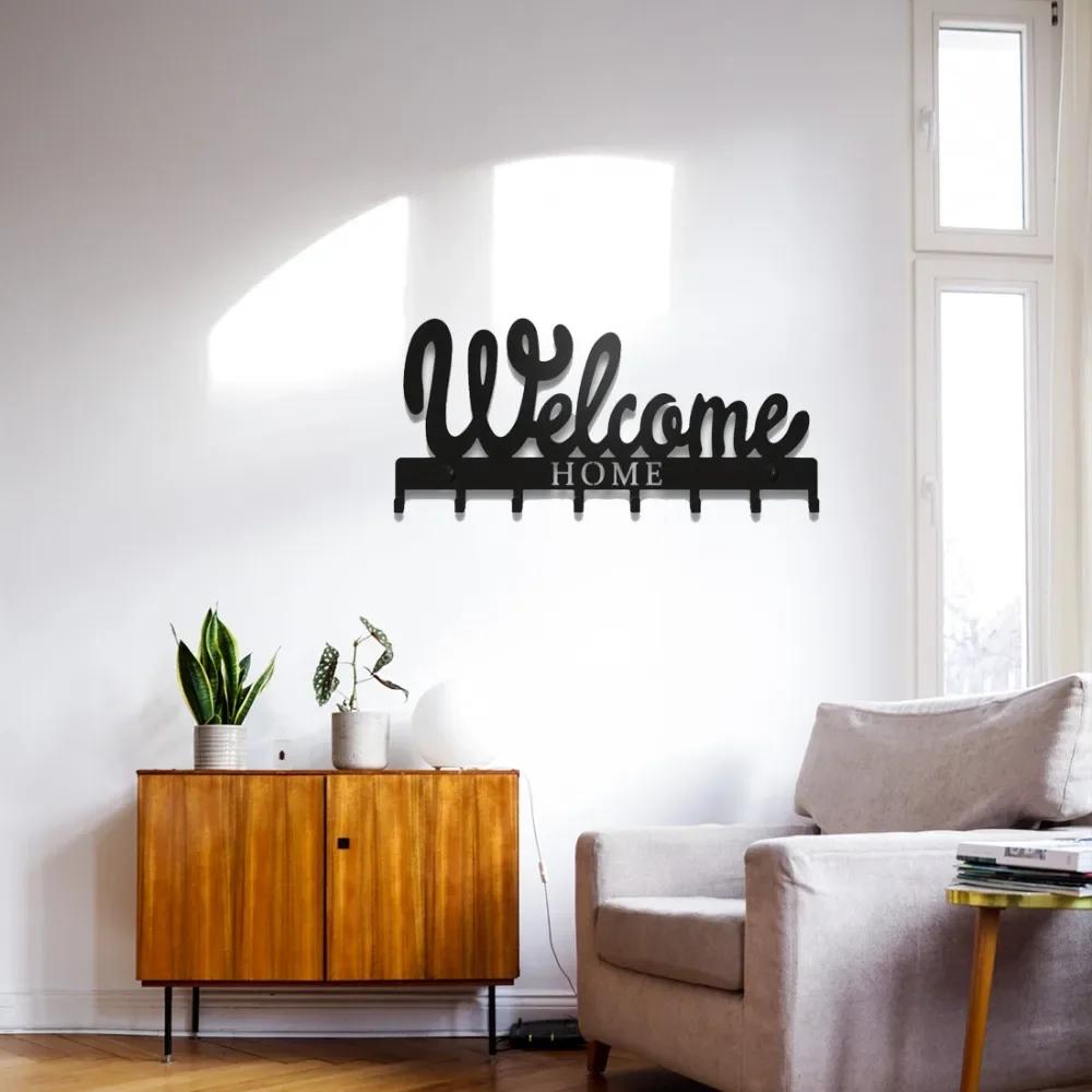 1шт настенный держатель для ключей - черный металлический дизайн WELCOME | Стильная подставка для ключей с 8 крючками для организованного хранения ключей