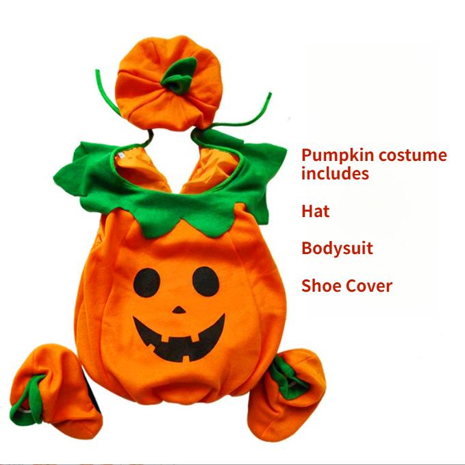 Kids Pumpkin Halloween Costume Set Boys Girls Cute Pumpkin Jumpsuit with Hat And Candy Bag Halloween Party Stage Performance