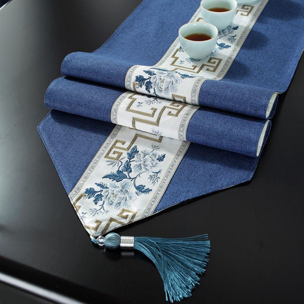Chinese Style Floral Table Runner Washable Tea Table Cloth Embroidery Bed Flag Hotel Decoration