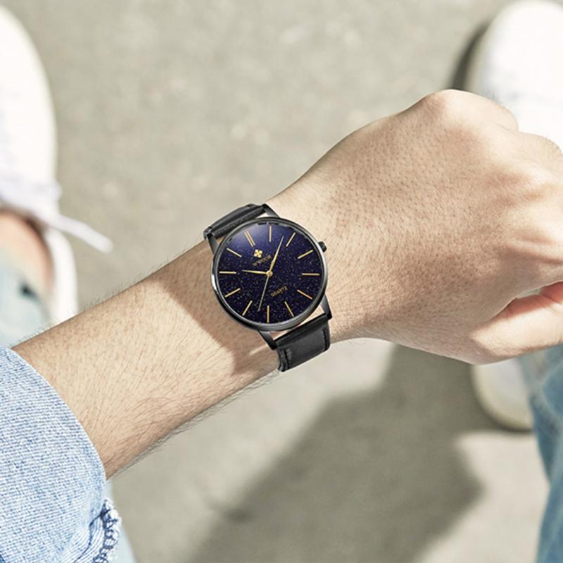 Мужские кварцевые часы WWOOR со звездным лицом, водонепроницаемые часы с кожаным ремешком