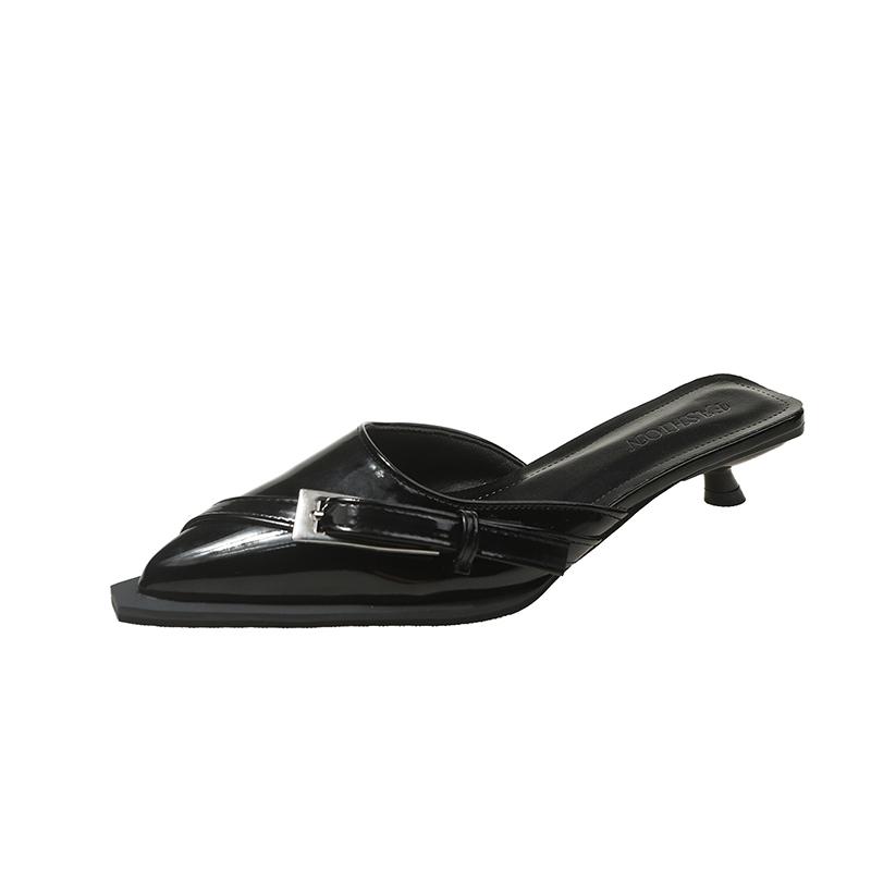 Модные женские туфли-лодочки с заостренным ремнем и пряжкой на тонком каблуке в стиле феи 2024 года, модные босоножки из лакированной кожи на среднем каблуке