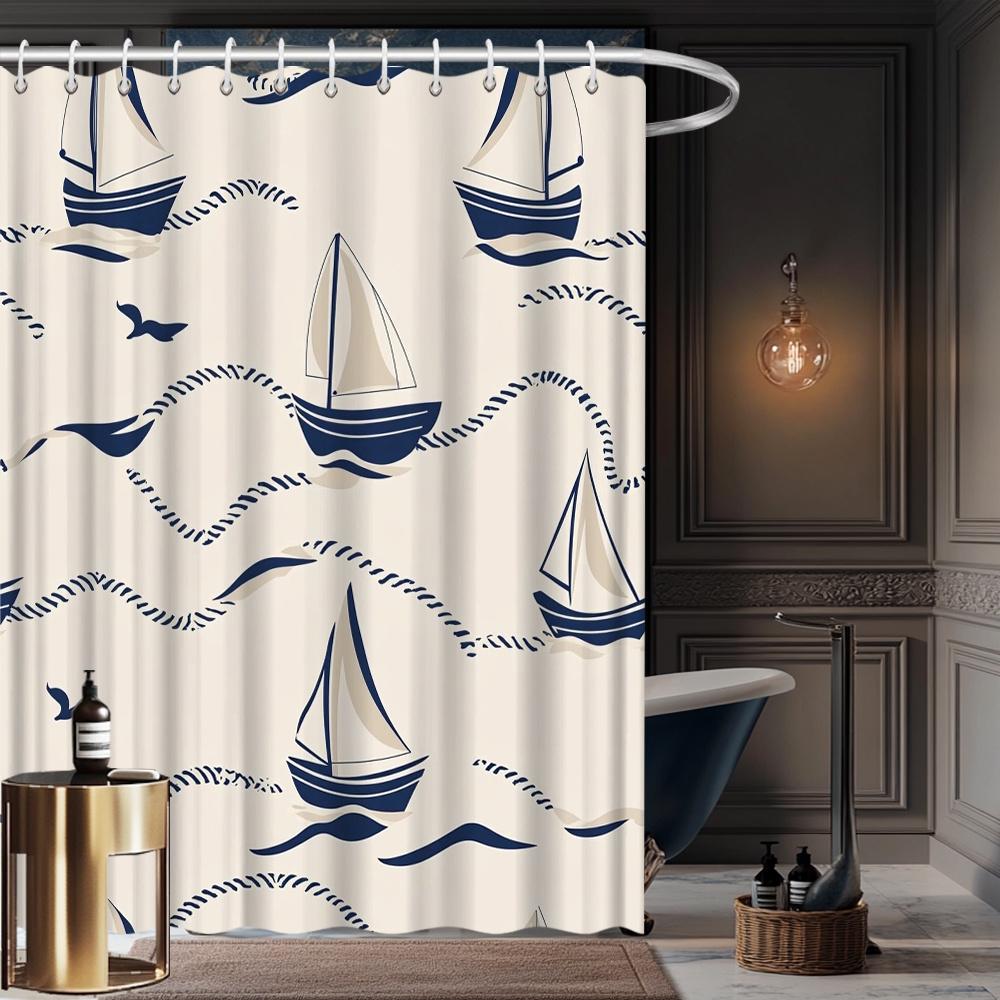 Nautical Sailboat Shower Curtain, Fade-Resistant Polyester, Sailboat & Seagull Design, Easy Installation, Beach Bath Decor