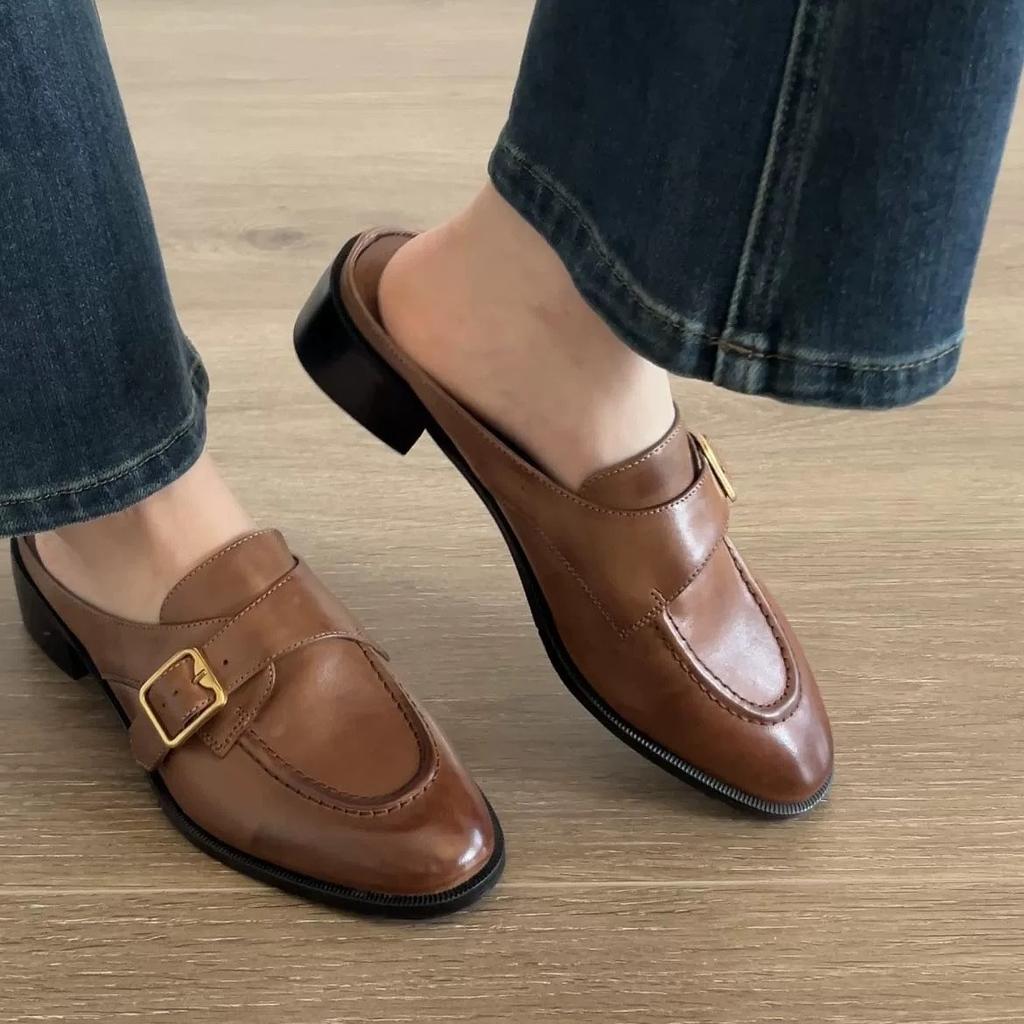 Fashion British Buckle Strap Mules Shoes Ladies Med-High Heels Slippers Slip On Derby Sliders Femmes Pantuflas PU Leather Loafers Woman