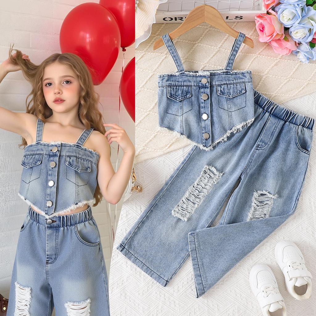 Модный комплект для девочек, летний детский милый и классный асимметричный топ с бретелькой через шею + рваные джинсы