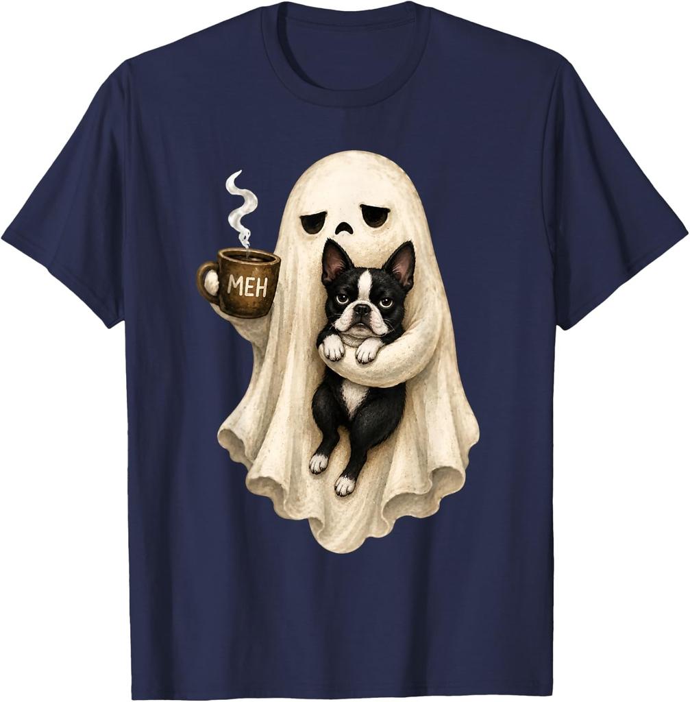 Grumpy Ghost Boston Terrier Holding Coffee Spooky Halloween Unisex T-Shirt