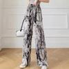 Women Summer Casual Pants Elastic Waist Adjustable Tie Straight Wide Leg Long Trousers Camouflage Striped Print Lounge Pants Streetwear