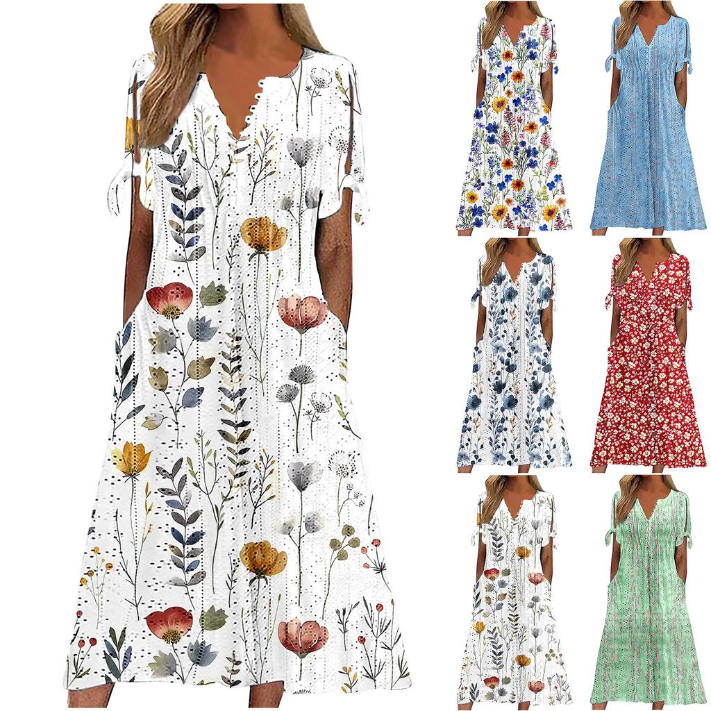 Women's Fashion Casual Bohemian Prints Round Neck Button Off Shoulder Short Sleeve Pocket Dress