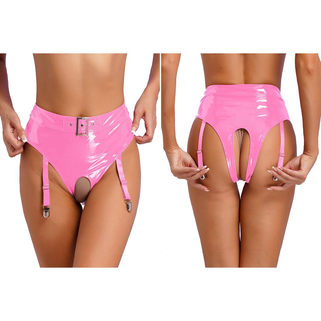 Женские шорты с высокой талией, блестящие шорты, трусы-бикини из лакированной кожи с поясом для подвязок, нижнее белье