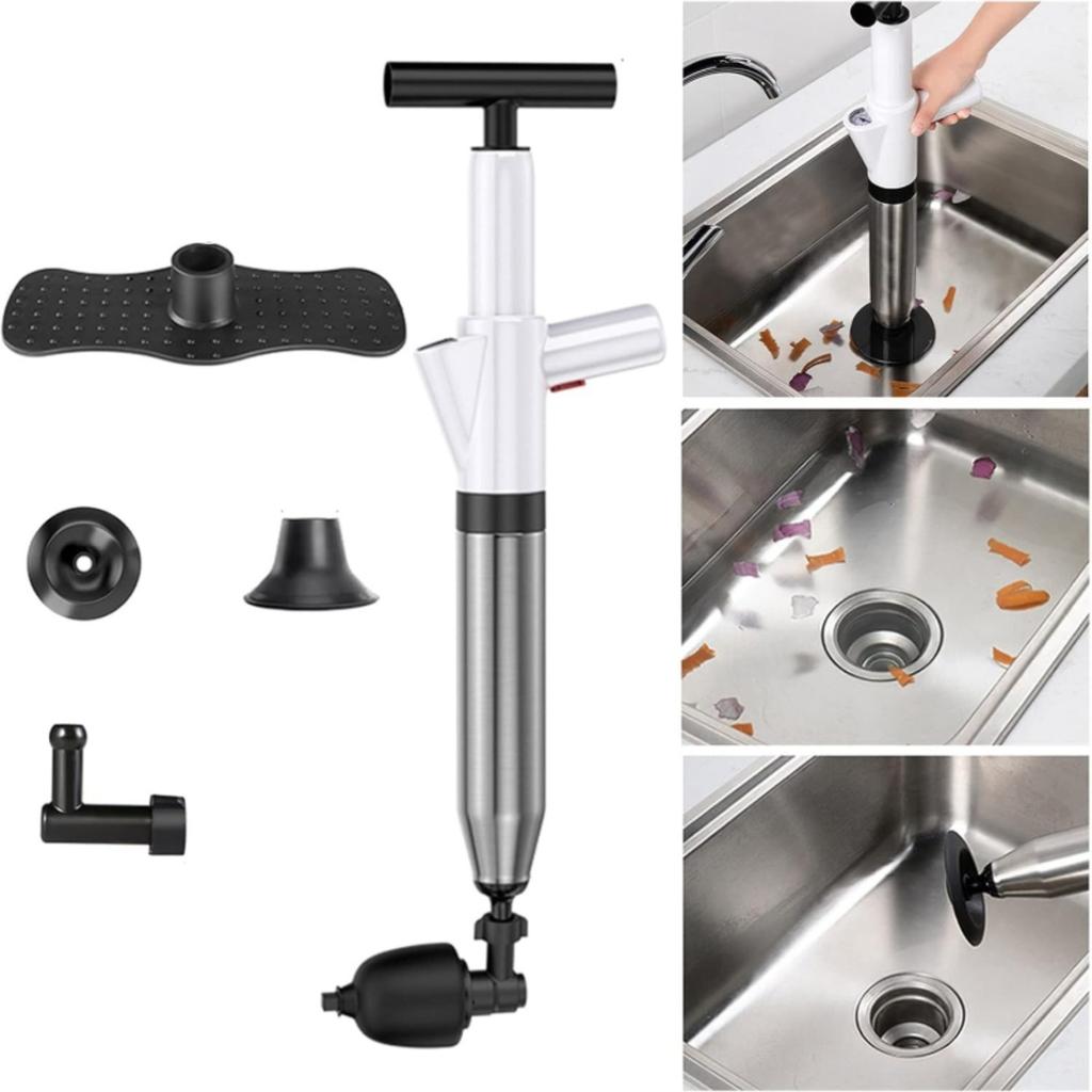 High Pressure Toilet Plunger & Drain Unblocker Kit with Visual Barometer & 4 Replaceable Heads - Heavy Duty for Blocked Toilets, Sinks, Baths, Showers