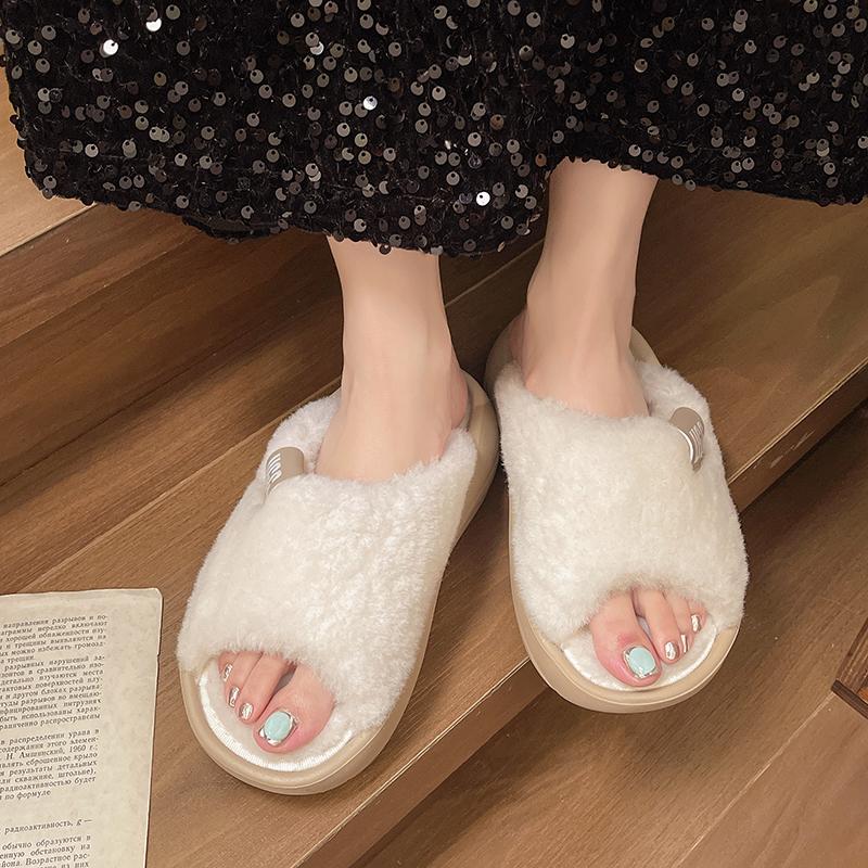 Fur Women Slippers Winter New Fashion Plush Shallow Mouth Indoor Outdoor Flip-flop Casual Bedroom Solid Color Slides Flat Shoes