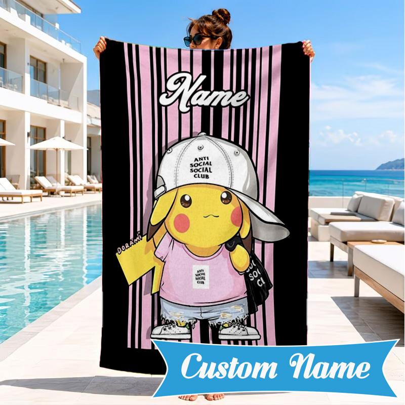Custom Name Pika Urban Fashion Beach Towel Microfiber Beach Towel, Lightweight and Quick-Dry, for Summer Travel, Swimming Pool Gift