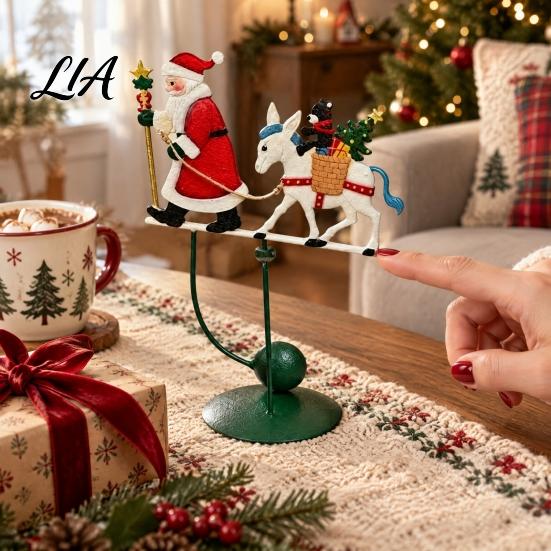 Holiday Entryway Table Decor Wobbly Santa on Reindeer Christmas Figurine, Metal Balancing Tabletop Decor, Balanced Display Swinging Statue for Mantel