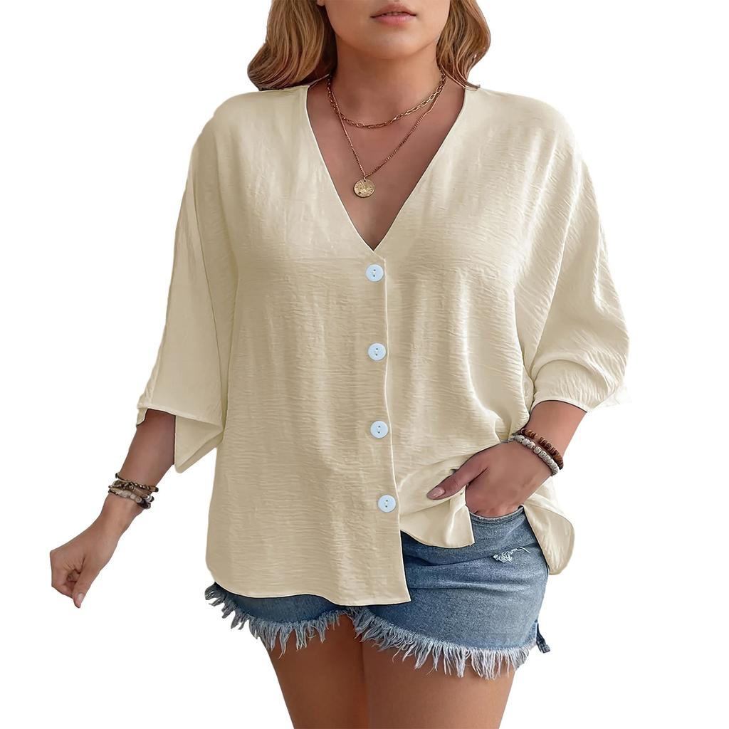 Women's Casual V Neck Button Shirt Classic Short Sleeve Shirt Tops Fashion Loose Solid Color