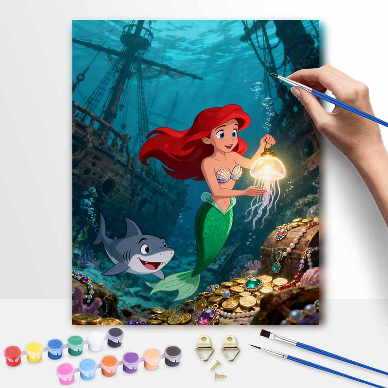 Disney digital oil painting diy oil painting hand painting mermaid undersea treasure living room bedroom decoration painting