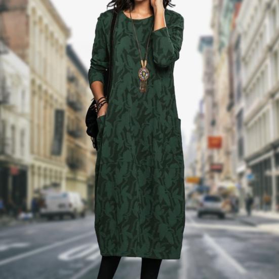 Женское весенне-осеннее платье миди с круглым вырезом и длинными рукавами, карманами, дизайнерским принтом, свободное элегантное платье, уличная одежда