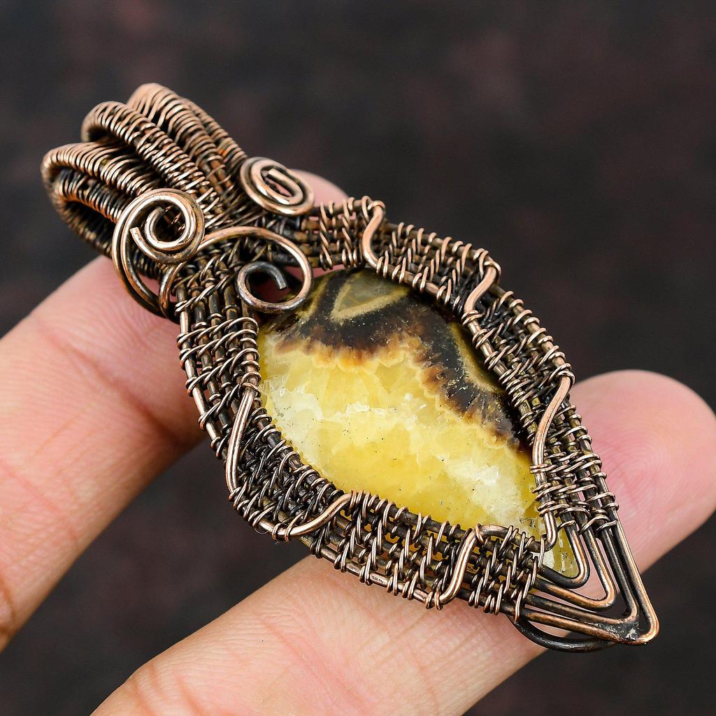 Септарианская медная подвеска, обернутая проволокой, ювелирное изделие с драгоценными камнями, дизайнерская медная бижутерия, подарок для матери, натуральные септарианские украшения для женщин