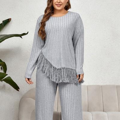 Наряд из 2 предметов Майка с круглым вырезом и высокой талией Широкие ноги Одежда для дома С бахромой Пуловер с длинными рукавами Эластичная талия Деловые повседневные комплекты