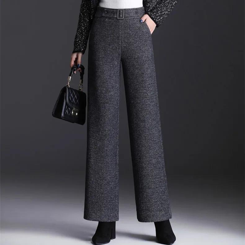 Autumn Winter Thicken Straight Pantalones Womens Wide Leg Pants Elegant Baggy High Waist Warm Pantalon