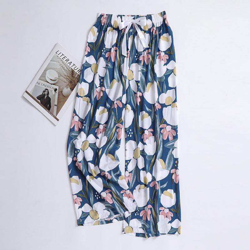 Женские пижамные брюки больших размеров из хлопка и вискозы, с мультяшным цветочным принтом, свободные девятиточечные пляжные брюки, для улицы